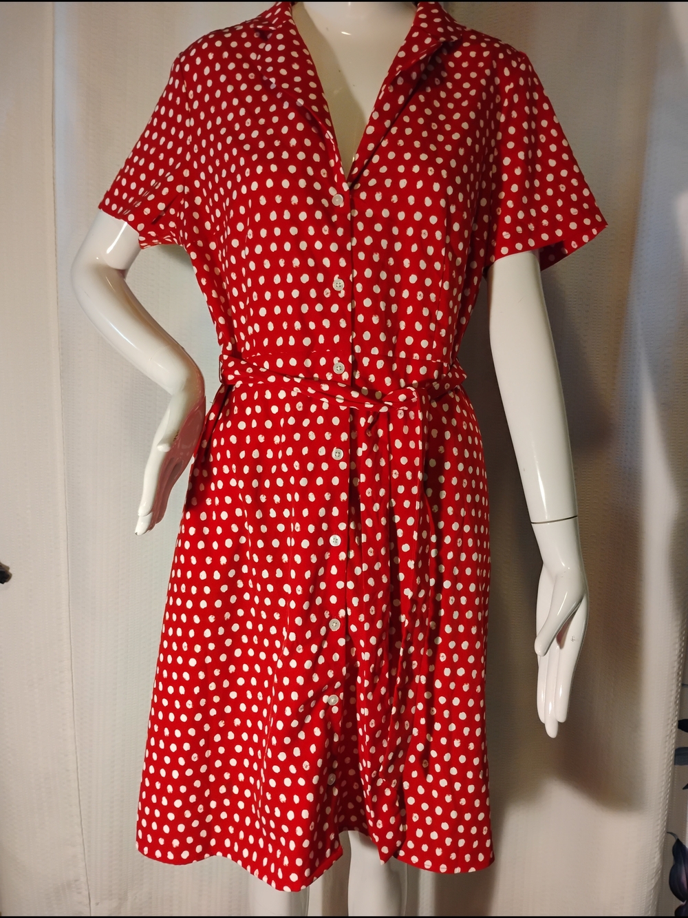 Red Polka Dot Button-Front Shirt Dress